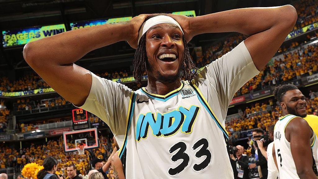 Myles Turner celebrates Indiana Pacers' win against Milwaukee Bucks