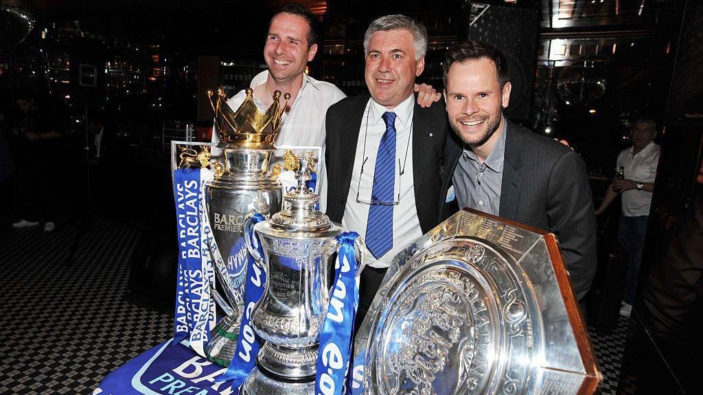 Nick Broad (right) celebrates with Carlo Ancelotti (centre) after Chelsea's FA Cup win in 2010, which completed a double of Premier League and FA Cup that season