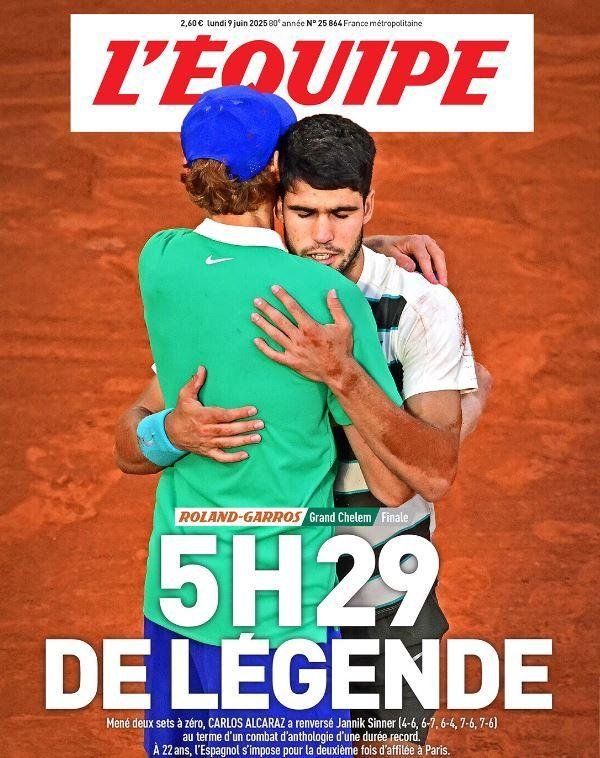 L'Equipe newspaper front page: 'Five hours 29 minutes of legend'