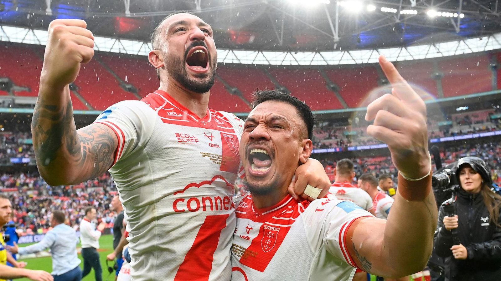 Hull KR's Elliot Minchella and Sauaso Sue celebrate victory